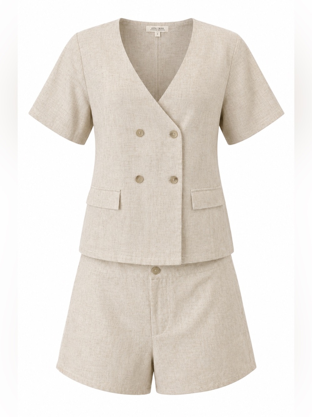 12th Tribe tan linen blend top and shorts, small